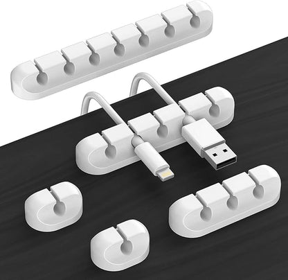 Cord Holder Cable Organizer Clips – Self Adhesive Cord Organizer for Desk, Car, Nightstands, Office, White Silicone Cord Keeper Cable Clips Wire Holders for Phone Charger Cords (7-5-3-1-1 Slots)