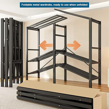 FPIGSHS 49.2in Heavy Duty Clothes Rack with Cover Foldable Covered Clothes Rack for Hanging Clothes portable Wardrobe Closet System Freestanding Coat Storage Garment Racks for bedroom (grey, 49.2in)