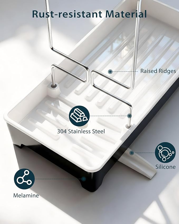 Caumic Minimalist Sink Caddy, Rustproof Sponge Holder for Kitchen Sink with 304 Stainless-Steel Brush Holder, Countertop Rack Organizer with Raised Ridges & Silicone Drain Tube (Black)