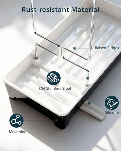 Caumic Minimalist Sink Caddy, Rustproof Sponge Holder for Kitchen Sink with 304 Stainless-Steel Brush Holder, Countertop Rack Organizer with Raised Ridges & Silicone Drain Tube (Black)