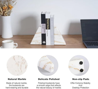 Marble Bookends for Heavy Books, Calacatta Decorative Book Ends for Shelves, Unique and Heavy Bookends for Hardback Book & Cookbooks, Stone Book Stopper, Modern Book Holder,Set of 2