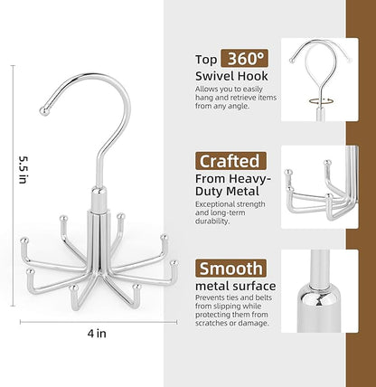ZEDODIER Tie Hanger for Closet, Rotatable Tie Organizer for Men with 8 Hooks, Heavy Duty Space Saving Tie Rack for Ties and Belts, Silver