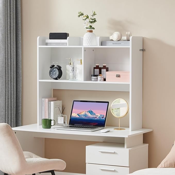 Desktop Bookshelf, Wooden Desk Storage Hutch with 5 Shelves, 3-Tier Desktop Display Organizer Rack for Office Home (White, 5 Shelves B)