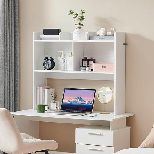 Desktop Bookshelf, Wooden Desk Storage Hutch with 5 Shelves, 3-Tier Desktop Display Organizer Rack for Office Home (White, 5 Shelves B)