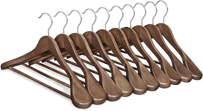 SONGMICS Extra Wide Wooden Suit Hangers, Set of 10 Clothes Hangers, Swivel Hooks, Non-Slip Bars, for Outfits, Suits, Coats, Shirts, Dresses, Walnut Color UCRW050KZ01