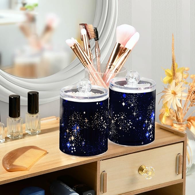MNSRUU 4 Pack Qtip Holder Organizer Dispenser Blue Space Galaxy Constellation Bathroom Containers Bathroom Vanity Storage Canister Apothecary Jars for Cotton Swabs/Pads/Floss