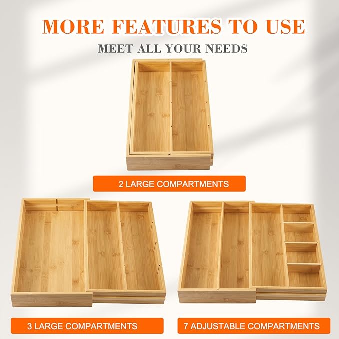 1 Pcs Bamboo Desk Drawer Organizer 2 Inch Height Expandable Drawer Organizer Trays with 7 Adjustable Compartments Desk Accessories for Makeup Silverware Office Bathroom(Wood)