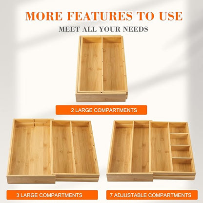 1 Pcs Bamboo Desk Drawer Organizer 2 Inch Height Expandable Drawer Organizer Trays with 7 Adjustable Compartments Desk Accessories for Makeup Silverware Office Bathroom(Wood)