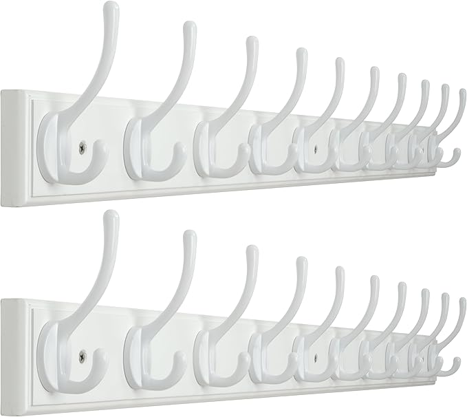 WEBI Coat Rack Wall Mount,10 Hooks,38 1/4" Long,Coat Hooks Wall Mounted,Bamboo Coat Hanger Wall Hook Rack,Jacket Hooks for Hanging Coats,Clothes,White,2 Packs