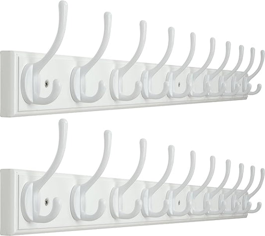 WEBI Coat Rack Wall Mount,10 Hooks,38 1/4" Long,Coat Hooks Wall Mounted,Bamboo Coat Hanger Wall Hook Rack,Jacket Hooks for Hanging Coats,Clothes,White,2 Packs