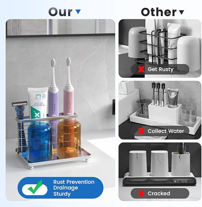 Luxspire Toothbrush Holders for Bathroom, Toothbrush Holder with Tray, Stainless Steel Holder for Toothbrush Toothpaste, Tooth Brushing Holder for Bathroom Countertop, 3-Slot, Silver