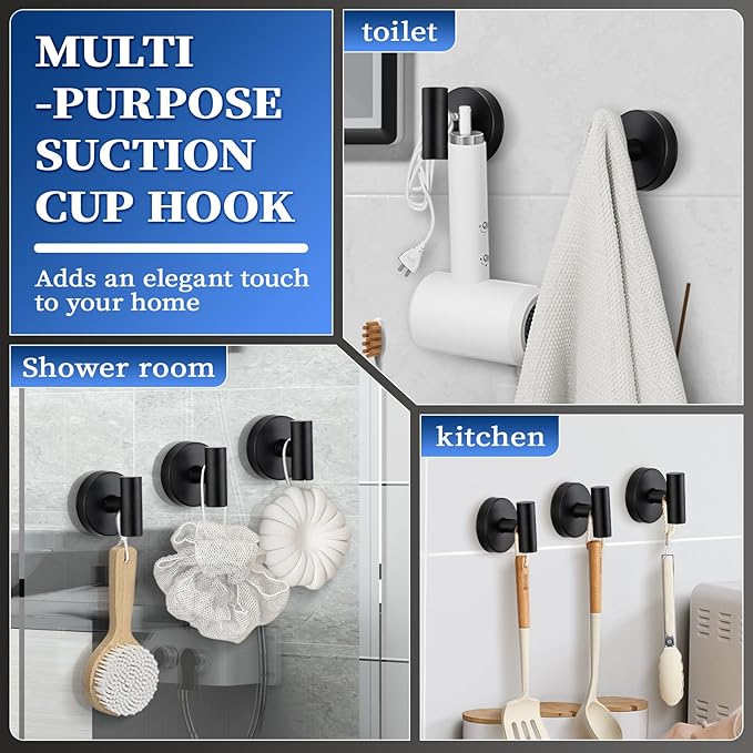 warlve Suction Cup Hooks No Drill Stainless Steel Shower Hooks Towel Hook Robe Hook Heavy Duty on Smooth and Non-Porous Surfaces in Bathrooms Kitchen Bedroom (2, Matte Black)