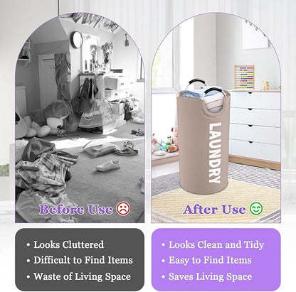 95L Folding Laundry Basket for Singles, Large Laundry Hamper with Aluminum Handles, Freestanding Dirty Clothes Basket, Sturdy Oxford Fabric Clothes Hampers for Travel, Dormitory, Khaki