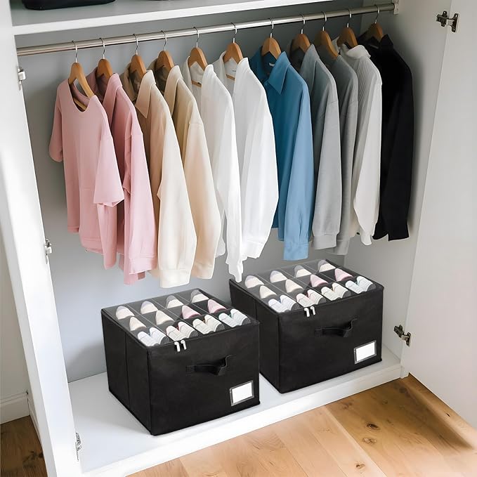 Fewile Shoe Organizer for Closet, Fits up to 12 Pairs, Foldable Shoe Storage Containers with Clear Cover, Large Adjustable Shoe Box Organizers, Space Saving Shoes Holder