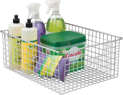 mDesign Metal Wire Food Storage Basket Organizer with Handles for Organizing Kitchen Cabinets, Pantry Shelf, Bathroom, Laundry Room, Closets, Garage - Concerto Collection - 2 Pack - Chrome