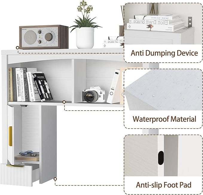 Desktop Shelf, Wooden Desk Hutch with Storage, Desktop Bookshelf with Cabinet and Drawer, Office Desk Organizer, Space-Saving Organization, Over Desk Storage Shelves for Home, Dorm, White