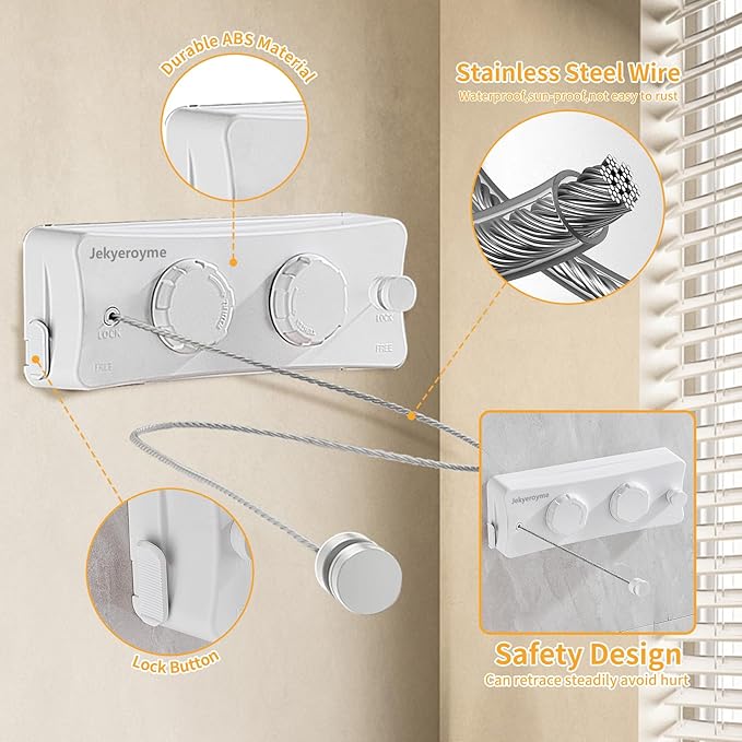 Retractable Clothesline Indoor & Outdoor, Non-Sagging Wall Mounted Drying Rack Clothesline, 16.7 Ft Stainless Steel Wire Double Clothes Lines, Hanging Clothes line for Balcony, Courtyards(White)
