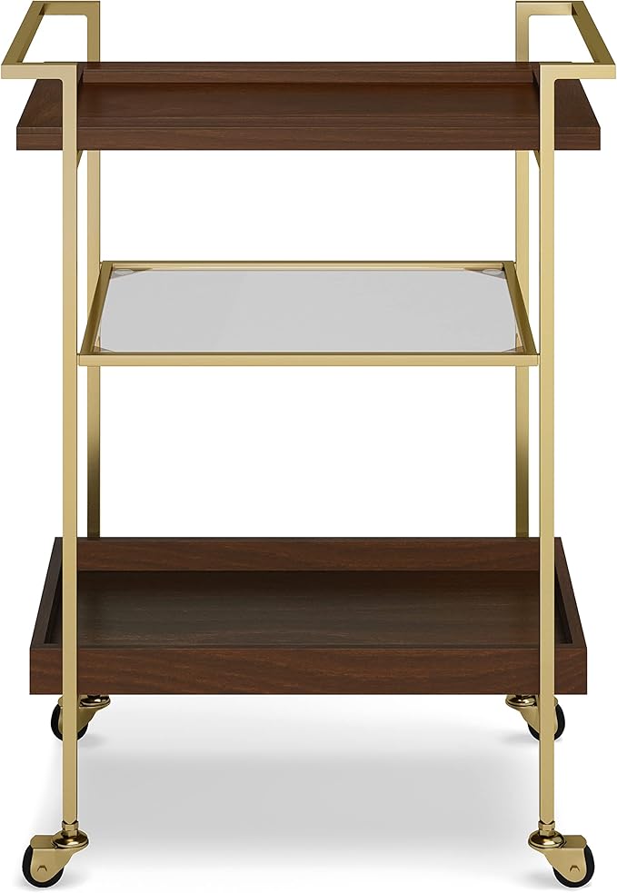 SIMPLIHOME Jace SOLID MANGO WOOD Industrial Contemporary 26 inch Wide Bar Cart in Cognac for the Living room, dining room and kitchen