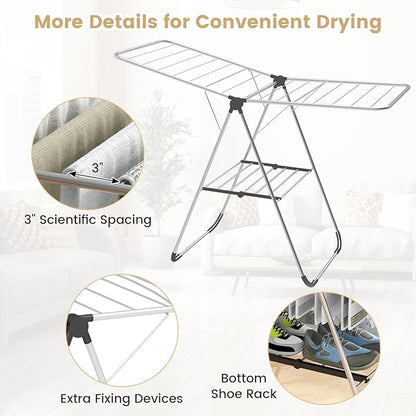 Tangkula Collapsible Clothes Drying Rack, 2-Level Folding Aluminum Drying Rack w/Height-Adjustable Wings, Bottom Shoe Rack, Space-Saving Laundry Drying Rack for Indoor & Outdoor Use, Silver