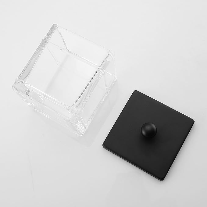 Indecor Home Glass Cotton Jar Holder 2 Pack– Matte Black Lid, Elegant Bathroom Storage Canister for Qtips, Cotton Balls, Floss, Makeup Organizer, Vanity & Bathroom Organization