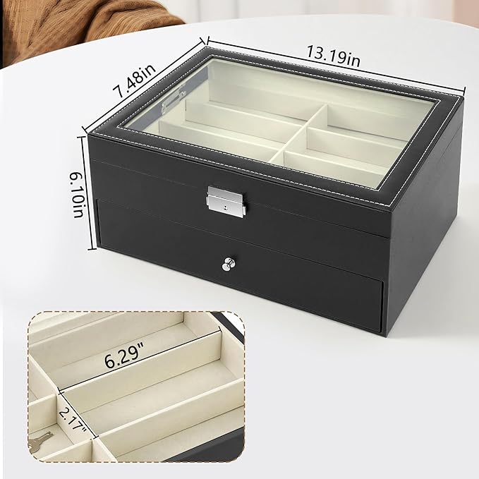 Homeanda 2-Layer Sunglasses Case - 12 Slots Hard Shell Eyeglasses Storage Box PU Leather Organizer, Protective Glasses Organizer Christmas Gift for Men and Women(Black)