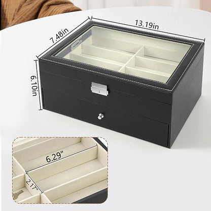 Homeanda 2-Layer Sunglasses Case - 12 Slots Hard Shell Eyeglasses Storage Box PU Leather Organizer, Protective Glasses Organizer Christmas Gift for Men and Women(Black)