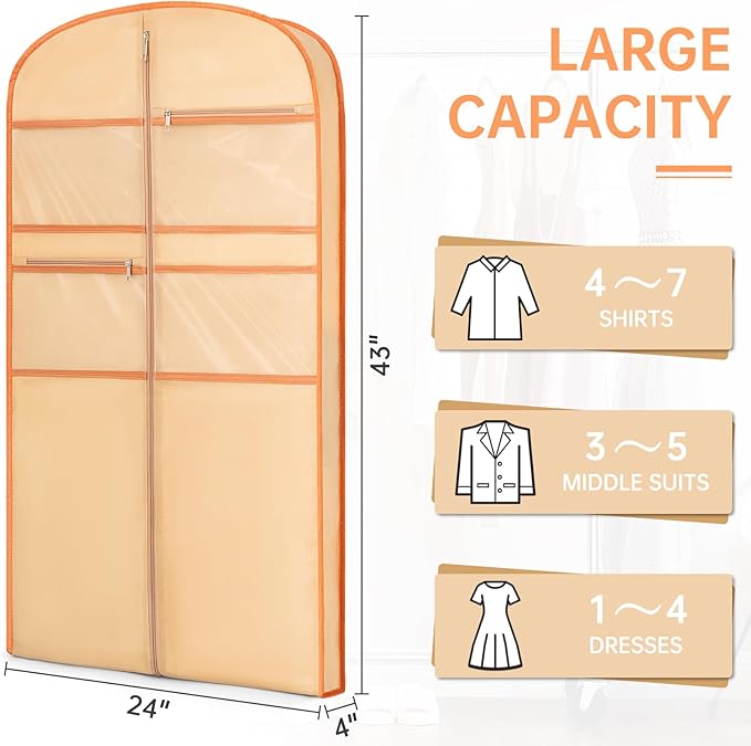 43" Garment Bag for Travel for Hanging Clothes Storage Hanging Suit Cover with Zipper and Accessory Storage for Coats, Dresses, Suits