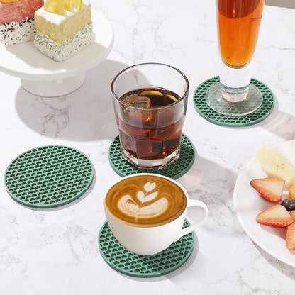 Silicone Coaster Set of 12 with Holder, Drinks Coasters, Beer & Coffee, Suitable for All Cups, Hot or Cold, Anti-Slip, Non-Stick, Anti-Overflow Tabletop Protection and Decor (12 Pcs, Green)