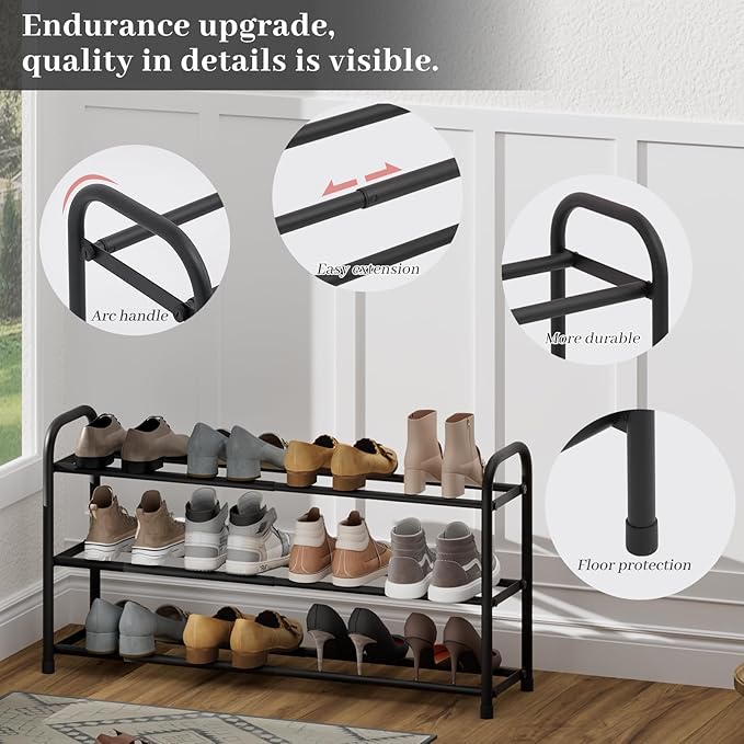 Expandable Shoe Rack, 3-Tier Metal Small Shoe Rack, Adjustable Shoes Organizer, Storage Shelf for Closet, Entryway, Black
