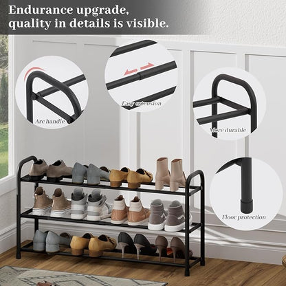 Expandable Shoe Rack, 3-Tier Metal Small Shoe Rack, Adjustable Shoes Organizer, Storage Shelf for Closet, Entryway, Black
