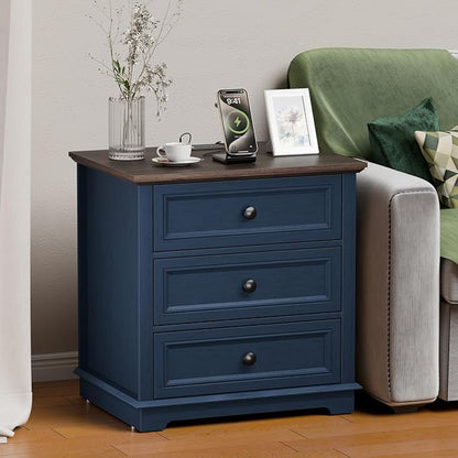 Nightstand with Charging Station, 24” Wide End Table with 3 Drawers, Modern Bedside Table with Storage, Wood Small Dresser for Bedroom Room (Blue)