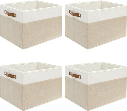 4 Pack Fabric Storage Baskets for Shelves, Closet Storage Bins for Shelves, Fabric Baskets for Organizing with Handles for Home and Office (White with Beige,15"L*10.2"W*9"H)