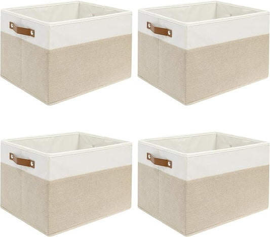 4 Pack Fabric Storage Baskets for Shelves, Closet Storage Bins for Shelves, Fabric Baskets for Organizing with Handles for Home and Office (White with Beige,15"L*10.2"W*9"H)