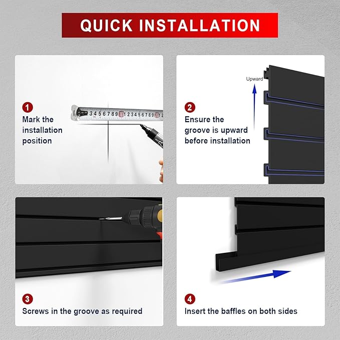 4'H x 4'W Slatwall Panel Garage Wall Organizer with Hooks, Heavy Duty Slat Wall Paneling Sheets, Interlocking PVC Panels, Garage Slatwall for Tool Organization Mounted Storage Systems Black