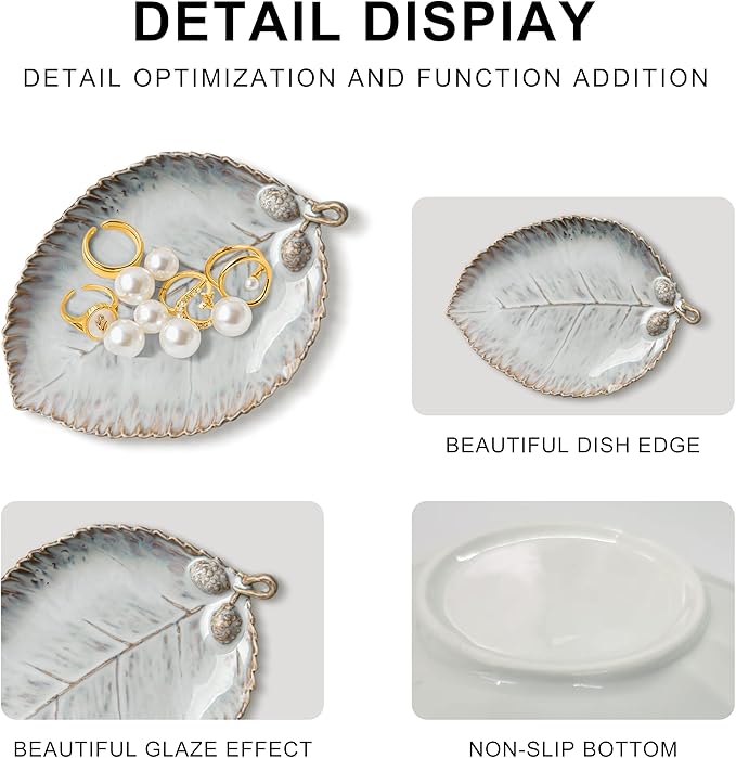 Ceramic Jewelry Dish, Decorative Tray for Rings Earrings Necklaces Bracelet Watch Keys, 4.50" Trinket Tray as Gifts for Women (Reactive Leaf)