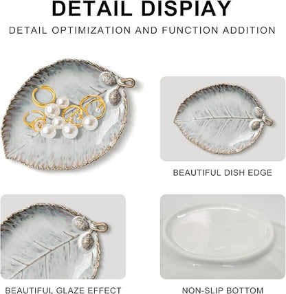 Ceramic Jewelry Dish, Decorative Tray for Rings Earrings Necklaces Bracelet Watch Keys, 4.50" Trinket Tray as Gifts for Women (Reactive Leaf)