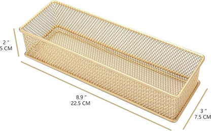 Annova Mesh Stackable Drawer Cabinet and Shelf Organizer Bins Storage Basket School Office Supply Holder Tray- Set of 2 (Gold, 3x9x2 Inch)