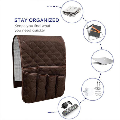AUVCAS Sofa Armrest Organizer Non-Slip Arm Chair Bedside Caddy Storage Organizer for Recliner Couch with 5 Pockets for Cell Phone TV Remote Control Magazines (DARK BROWN)