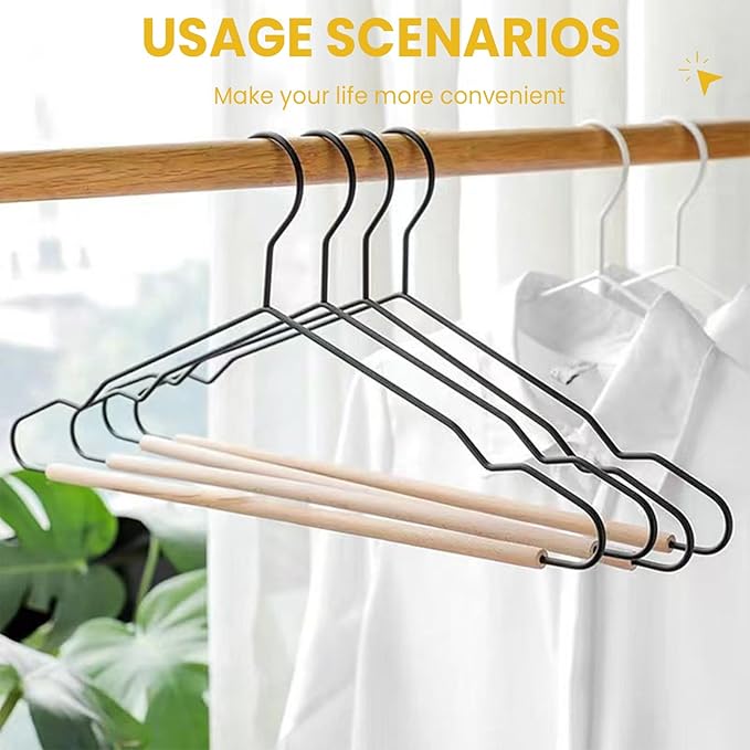 Jiang&Rong 20 Pack Black Wire Hangers, Suit Hangers with Smooth Beech Wood Pants Bar, Heavy Duty Metal Hanger for Closet, Dress, Pants, Sweater, Jacket