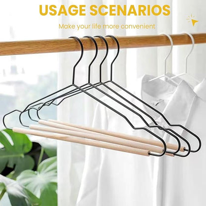 Jiang&Rong 20 Pack Black Wire Hangers, Suit Hangers with Smooth Beech Wood Pants Bar, Heavy Duty Metal Hanger for Closet, Dress, Pants, Sweater, Jacket