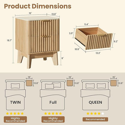 TROJM Fluted Nightstand Set of 2,Modern End Table with Faux Marble Top,2 Storage Drawers Side Table,Bedside Table for Bedroom, Living Room,Curved Profile Design Furnitue,Natural Oak