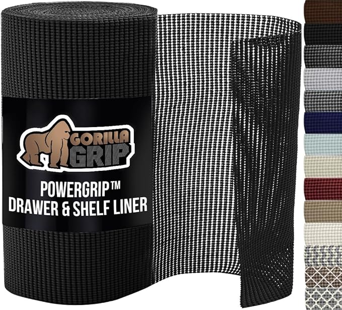 GORILLA GRIP powerGRIP Drawer Shelf and Cabinet Liner, Thick Strong Hold, Non-Adhesive Liners Protect Kitchen Cabinets and Cupboard, Bathroom Drawers, Easy Install, Breathable Mat, 12" x10', Black
