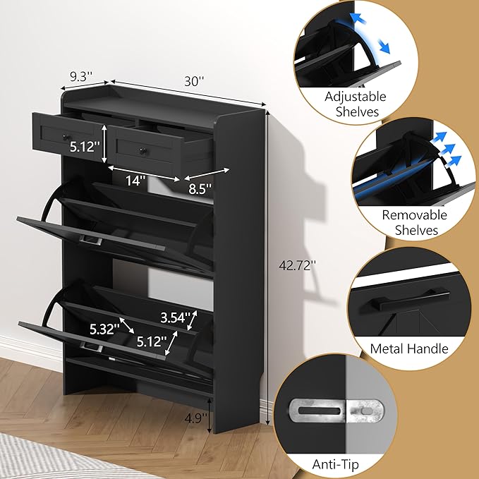 Shoe Cabinet with 2 Flip Drawers & 2 Storage Drawers, Rustic Farmhouse Narrow Shoe Organizer Cabinet, Slim Shoe Rack Cabinet, Shoe Storage Cabinet for Entryway, Hallway, Front Door