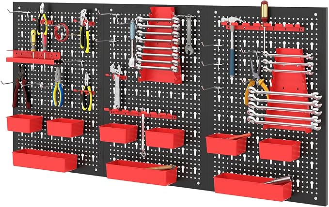 Tool Pegboard Organizer, 4 FT Metal Pegboard Wall with Hooks, Storage Bins & Tool Holders, Peg Board Kit Garage Storage System for Workbench Shed, Craft Room & Workshop (Black+Red)