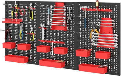 Tool Pegboard Organizer, 4 FT Metal Pegboard Wall with Hooks, Storage Bins & Tool Holders, Peg Board Kit Garage Storage System for Workbench Shed, Craft Room & Workshop (Black+Red)