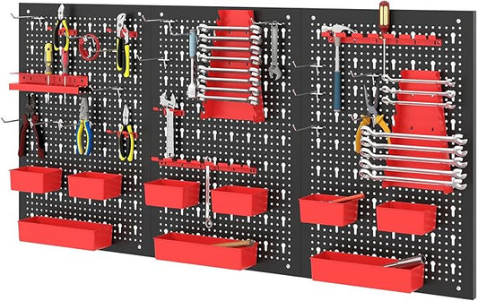 Tool Pegboard Organizer, 4 FT Metal Pegboard Wall with Hooks, Storage Bins & Tool Holders, Peg Board Kit Garage Storage System for Workbench Shed, Craft Room & Workshop (Black+Red)