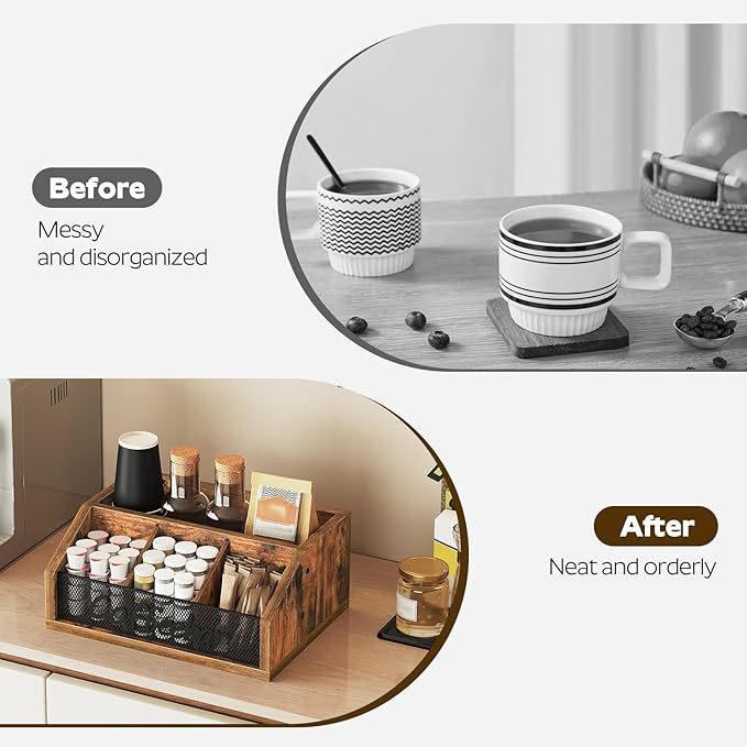 Coffee Pod Organizer, Wooden Coffee Bar Organizer for Countertop, Versatile Pod Holder with Dividers, Holds Syrup, Cups, Tea Bags, Easy Assembly, Rustic Brown KH11BR