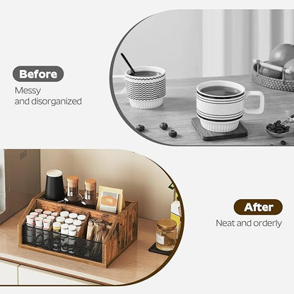 Coffee Pod Organizer, Wooden Coffee Bar Organizer for Countertop, Versatile Pod Holder with Dividers, Holds Syrup, Cups, Tea Bags, Easy Assembly, Rustic Brown KH11BR