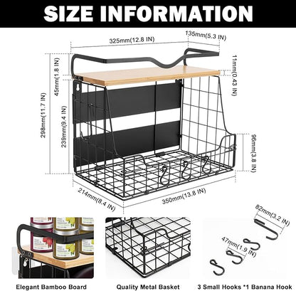 Livabber Magnetic Fridge Organizer Basket with Wood Shelf, Large Fruit Vegetable Storage Bin, Spices Snacks Condiments Rack for Kitchen Pantry, Laundry Room, Office, Magnetic or Wall Mount (Black)
