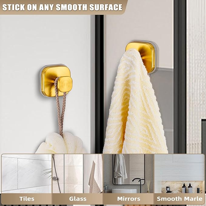 Fenas Suction Cup Hooks for Shower - Resuable Bathroom Hooks for Towels, Robes & Loofah - No-Drill Mounting on Kitchen,Walls,Metal,Glass,Mirrors,Tile & Smooth Non-Porous Surfaces (2, Brushed Gold)